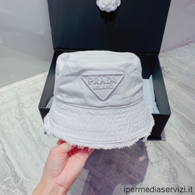Replica Prada White Drill Bucket Hat with Embroidered Triangle Logo