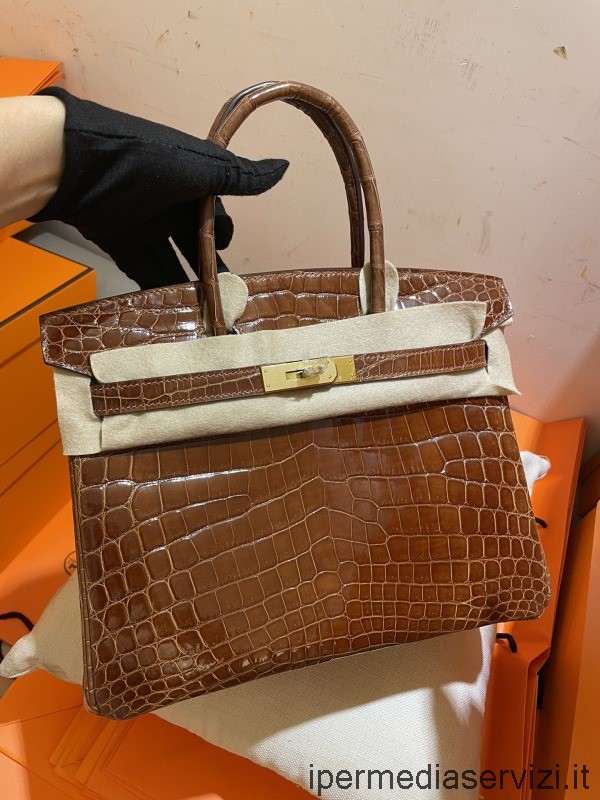 Replica Hermes Birkin 30 Tote Bag in Brown Shiny Crocodile Leather