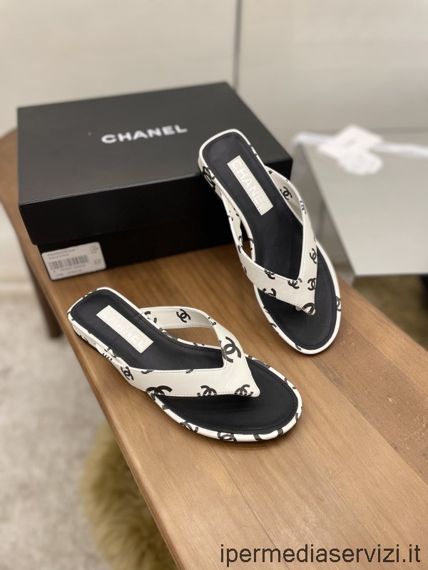 Replica Chanel 2022 CC Logo Leather Thong Sandal in White 35 To 40