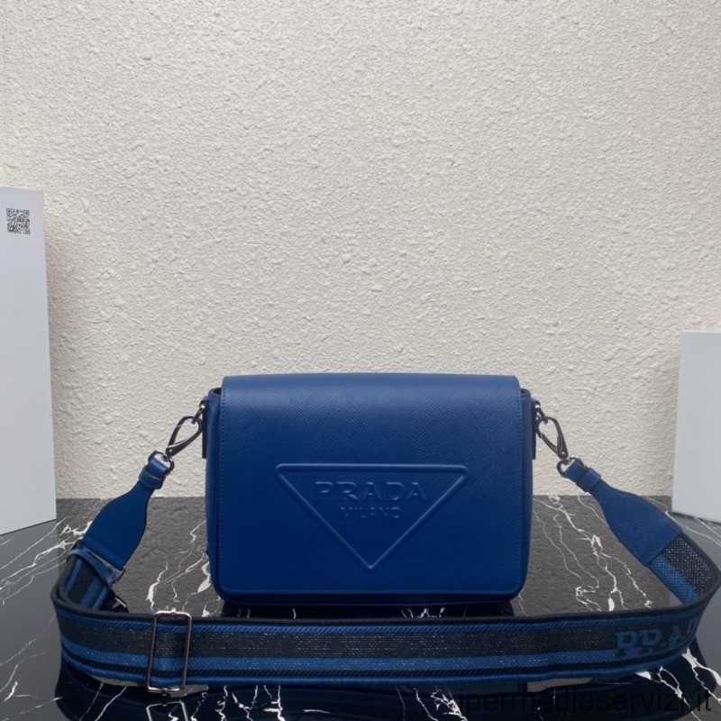 Replica Prada Blue Saffiano Leather Shoulder Bag with Triangle Logo 2VH152 24x18x6CM