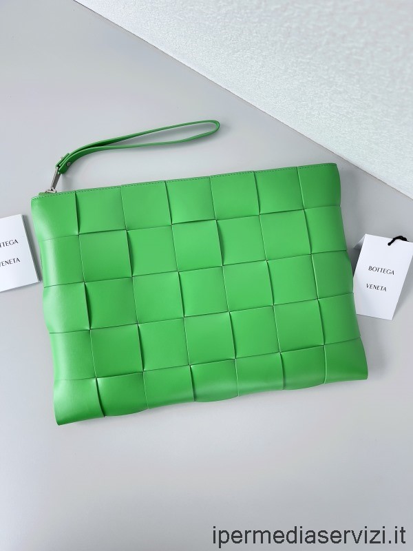 Replica Bottega Veneta Woven Leather Pouch Clutch Bag in Green 35x25x2CM
