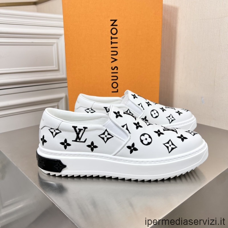 Replica Louis Vuitton Mens Beverly Hills Slip On Sneaker with Black Monogram Debossed White Calf Leather 38 To 45