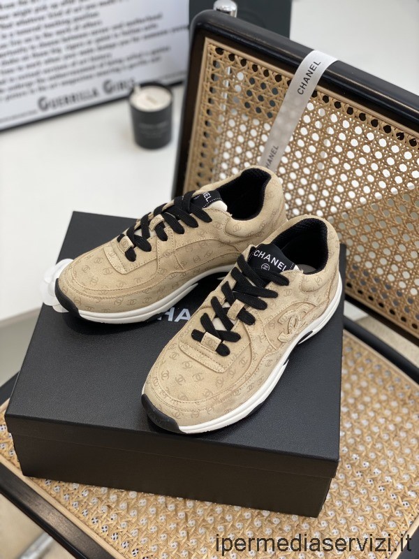 Replica Chanel Allover CC Logo Printed Lace Up Beige Leather Sneakers 35 To 41