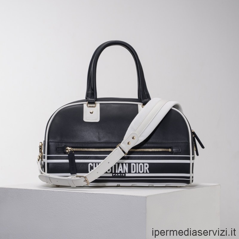 Replica Dior Medium Dior Vibe Zip Bowling Bag in Black Smooth Calfskin 34x18x15CM