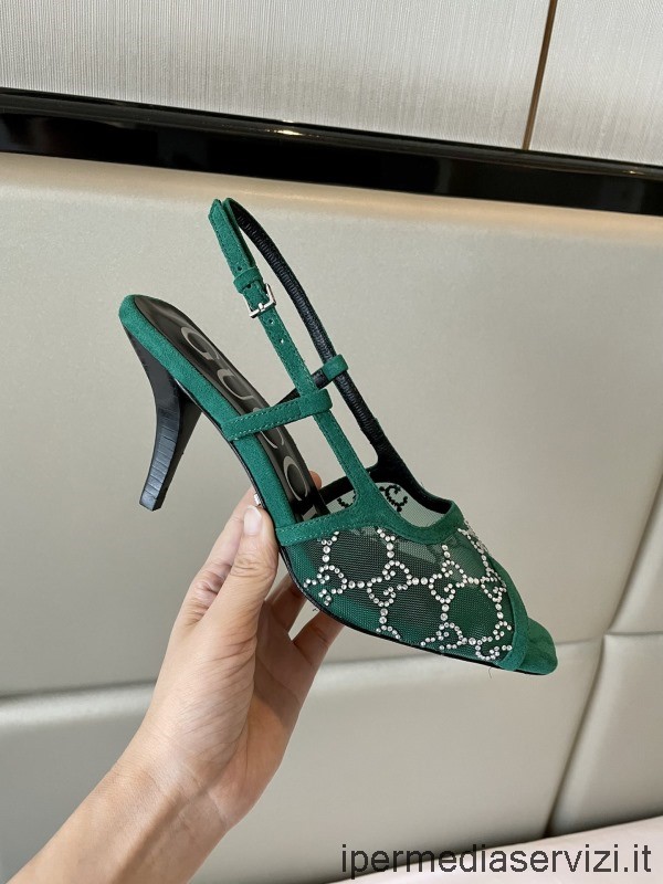 Replica Gucci Love Parade Womens Mid Heel Sandal in Green GG Mesh and Leather 75MM 35 To 42