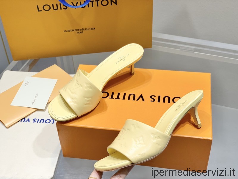 Replica Louis Vuitton LV Revival Heeled Mule Slide Sandal in Yellow Monogram Embossed Lambskin 55MM 35 To 41