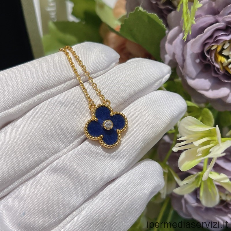 Replica Van Cleef Arpels Vintage Alhambra Diamond Pendant Necklace Blue