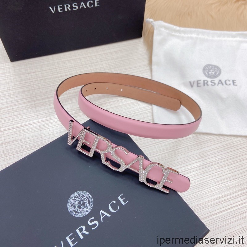 Replica Versace Crystal VERSACE Logo Leather Belt in Pink 20MM