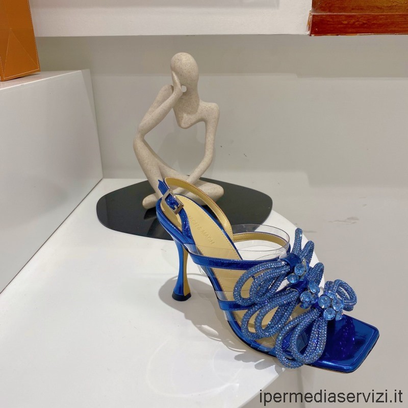 Replica Mach and Mach Crystals Bow Embellished PVC Heeled Sandal in Blue 85MM 35 To 42