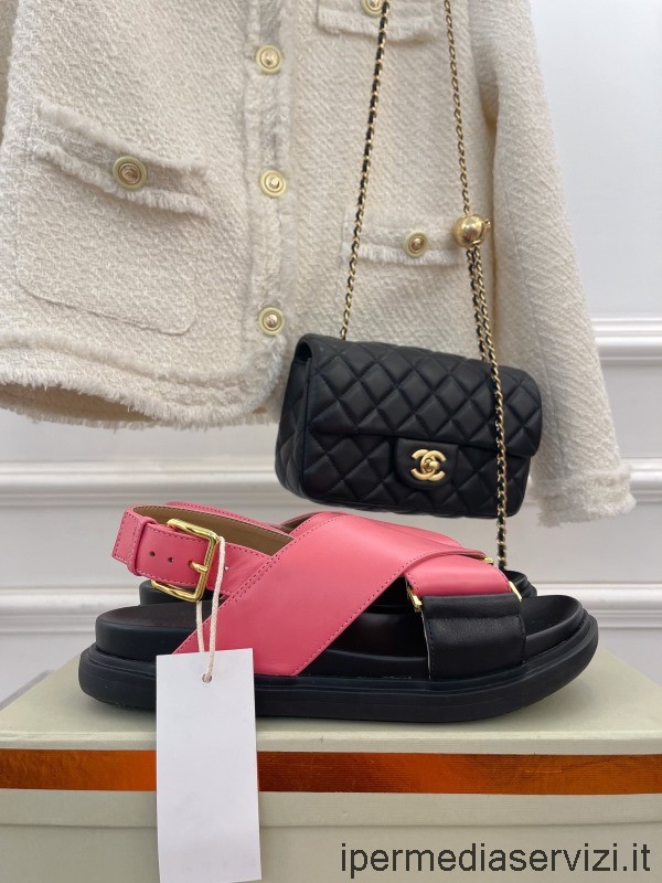 Replica Marni Fussbett Black Pink Leather Flat Sandal 35 To 41