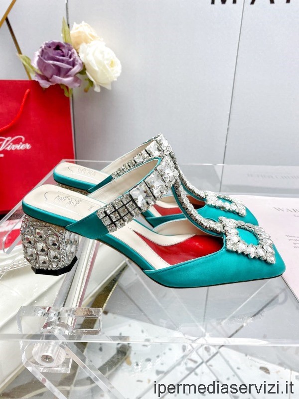 Replica Roger Vivier Crystals Heeled Satin Mule in Light Blue 50MM 34 To 40