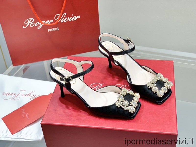 Replica Roger Vivier Flower Strass Crystal Buckle Heeled Satin Sandals in Black 65MM 35 To 41