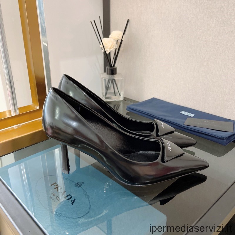 Replica Prada 2022 Black Patent Leather Pumps with Triangle Logo 75MM 35 To 41