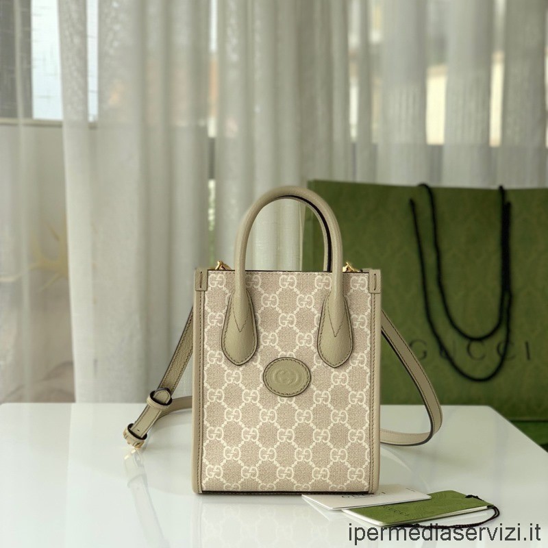 Replica Gucci Mini Tote Shoulder Bag with Interlocking G in Beige and White GG Supreme Canvas 671623 16x20x7CM