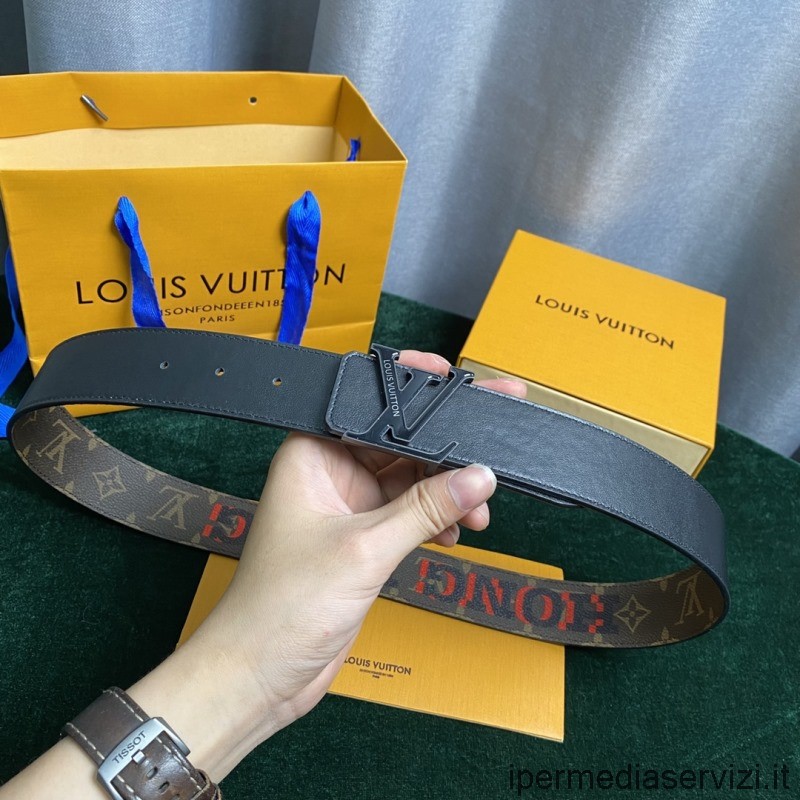 Replica Louis Vuitton LV Pyramide Cities Exclusive 40MM Reversible Belt in Monogram Canvas and Black Leather