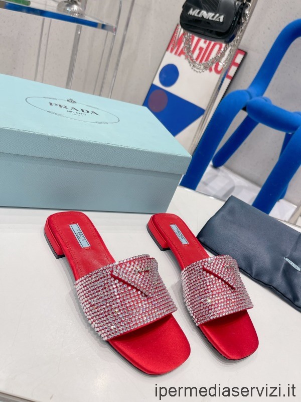 Replica Prada Satin Slides Sandal with Crystals in Red 35 To 40