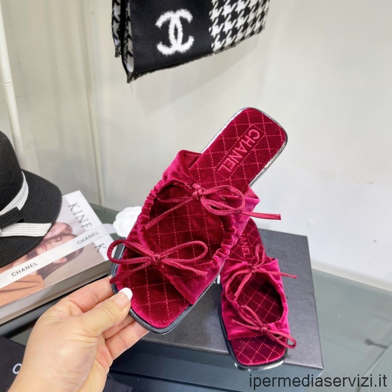 Replica Chanel 2022 Pink Velvet Bow Flat Sandal 35 To 40