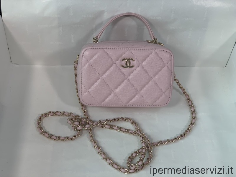 Replica Chanel Vanity Case with Top Handle in Pink Caviar Calf Leather AP2634 14x9x5CM