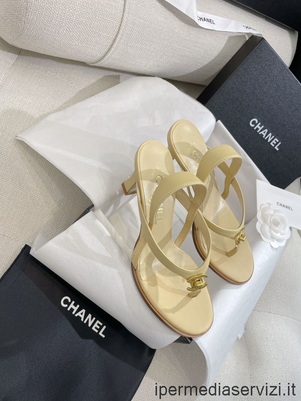 Replica Chanel Vintage Turn Off CC Logo Beige Leather Heeld Thong Sandal 60MM 35 To 40