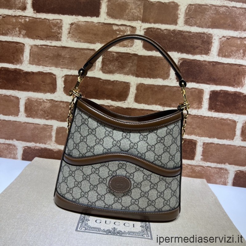 Replica Gucci Large GG Hobo Shoulder Bag with Interlocking G in Beige and Ebony GG Supreme Canvas 696011 24x20x8CM