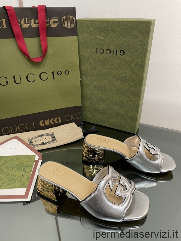 Replica Gucci Womens Interlocking G Cut Out Heeled Slide Sandals in Silver Leather 55MM 35 To 42