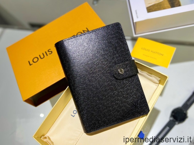 Replica Louis Vuitton Large Ring Agenda Cover Notebook in Black Taiga Leather R20106 19x14CM