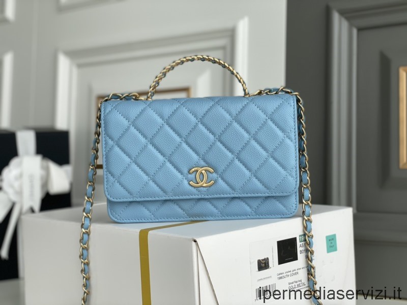 Replica Chanel 2022 Wallet on Chain with Top Handle in Light Blue Grained Shiny Calfskin AP2804 12x19x3CM