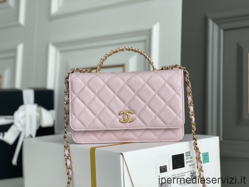 Replica Chanel 2022 Wallet on Chain with Top Handle in Pink Grained Shiny Calfskin AP2804 12x19x3CM