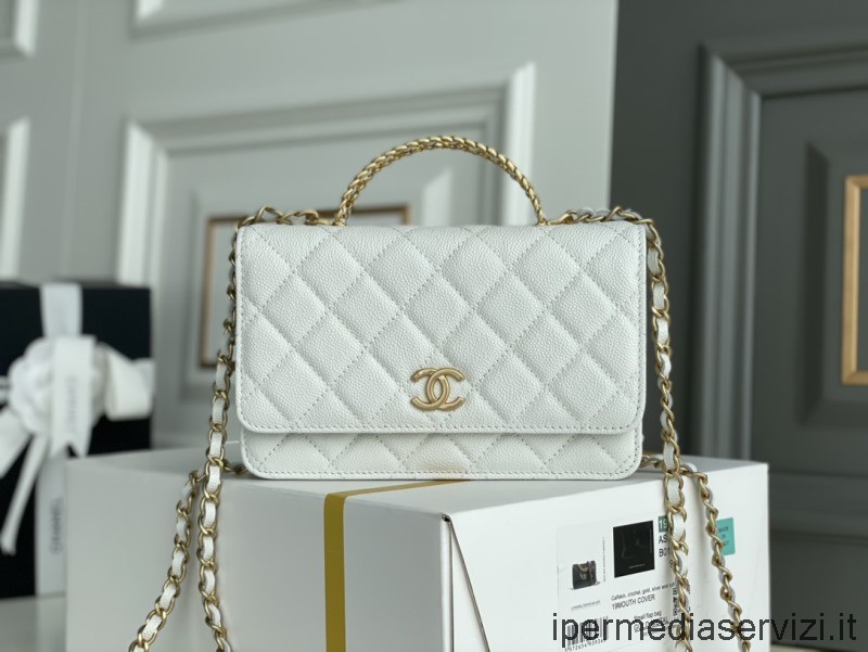 Replica Chanel 2022 Wallet on Chain with Top Handle in White Grained Shiny Calfskin AP2804 12x19x3CM