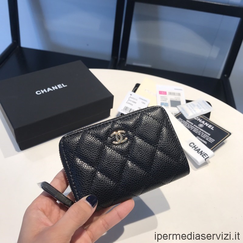 Replica Chanel Classic Zip Around Coin Purse Card Holder Wallet in Black Caviar Leather A69271 11x7CM