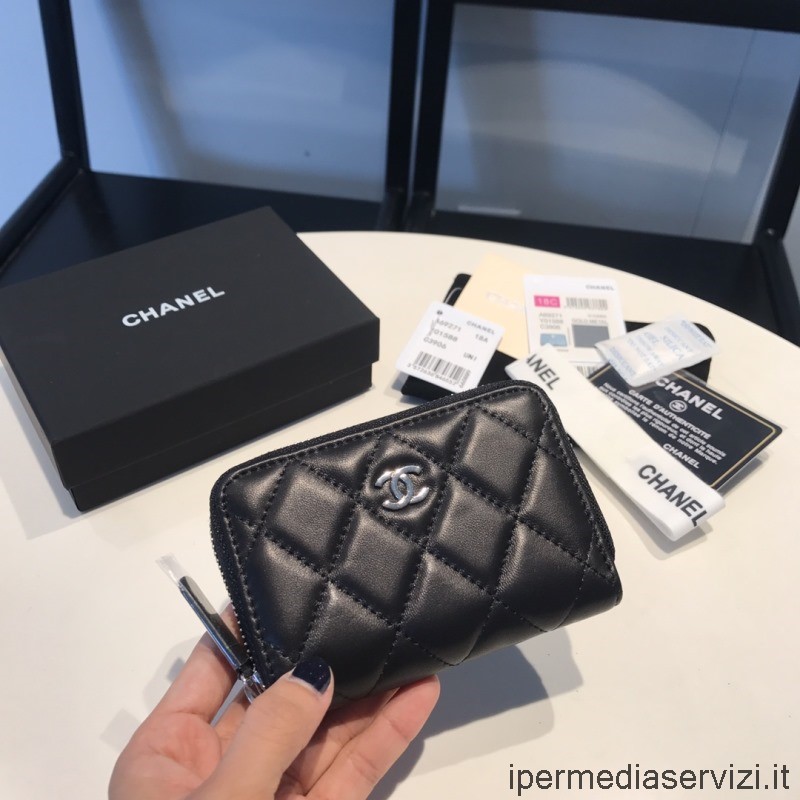 Replica Chanel Classic Zip Around Coin Purse Card Holder Wallet in Black Lambskin Leather A69271 11x7CM