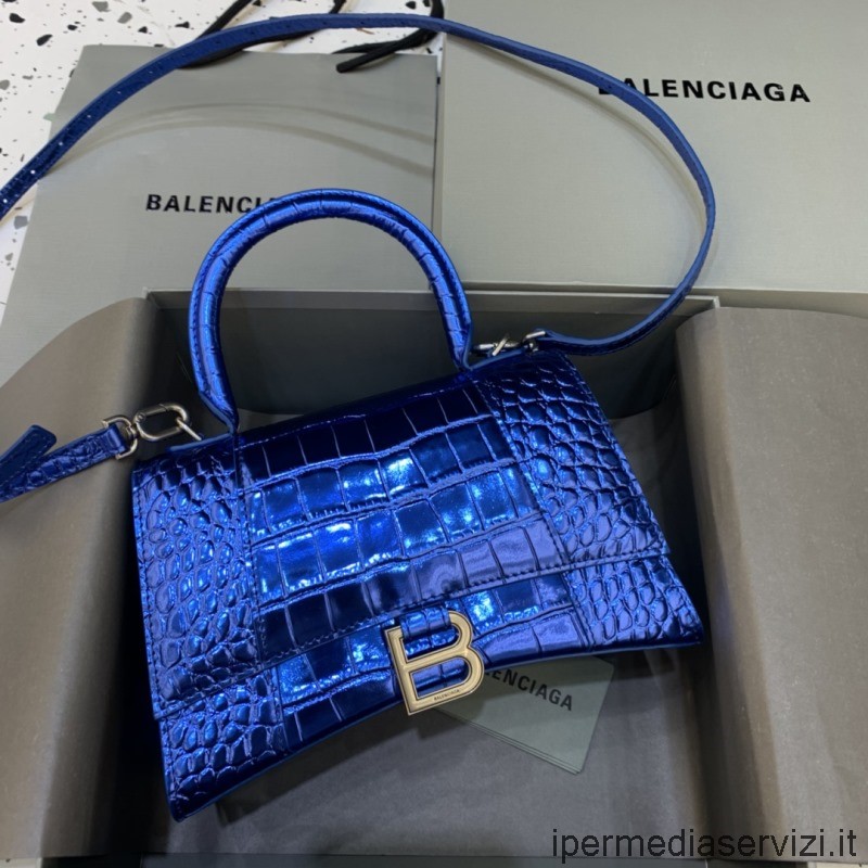 Réplica De Balenciaga Bolso Bandolera Pequeño Reloj De Arena Con Asa Superior En Piel De Becerro Repujada De Cocodrilo Azul 23x10x14cm