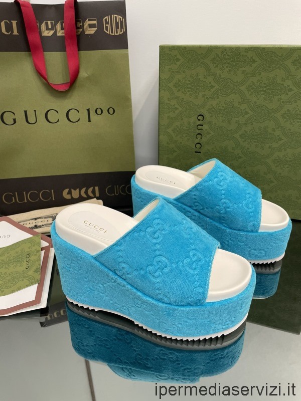 Réplica De Sandalia De Diapositivas De Cuña De Plataforma Gucci En Terciopelo Azul Gg 35 A 43