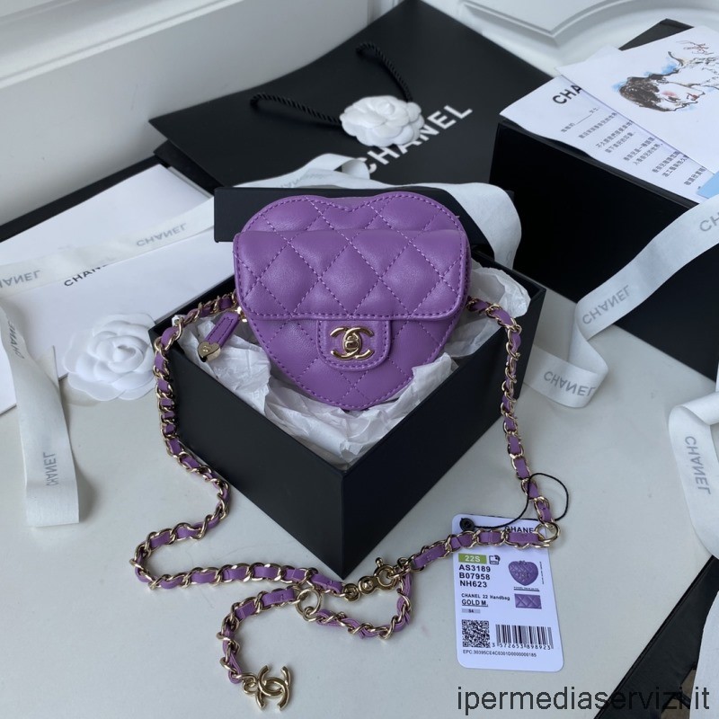 Replica Chanel 2022 Bolso De Mano Corazón Con Cadena En Piel De Cordero Violeta As3189 8x11x5cm