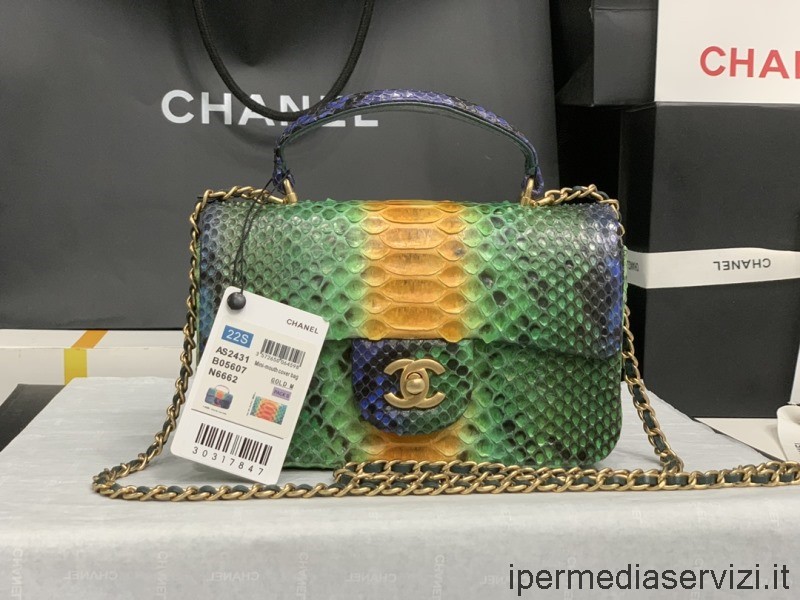 Réplica Chanel 2022 Bolso Bandolera Con Solapa Y Asa Superior En Piel De Pitón Amarillo Verde As2431 20x14x7cm