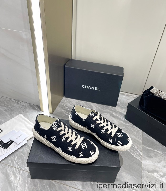 Réplica Chanel Allover Cc Logo Cordones Hasta Zapatillas En Negro 35 A 40