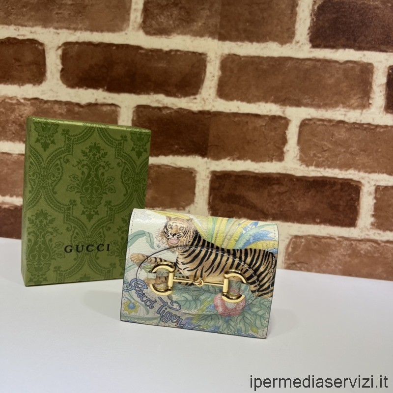Réplica De Gucci Tiger Horsebit 1955 Card Case Wallet En Tigre Y Estampado De Flores De Cuero Blanco 621887 11x8x3cm