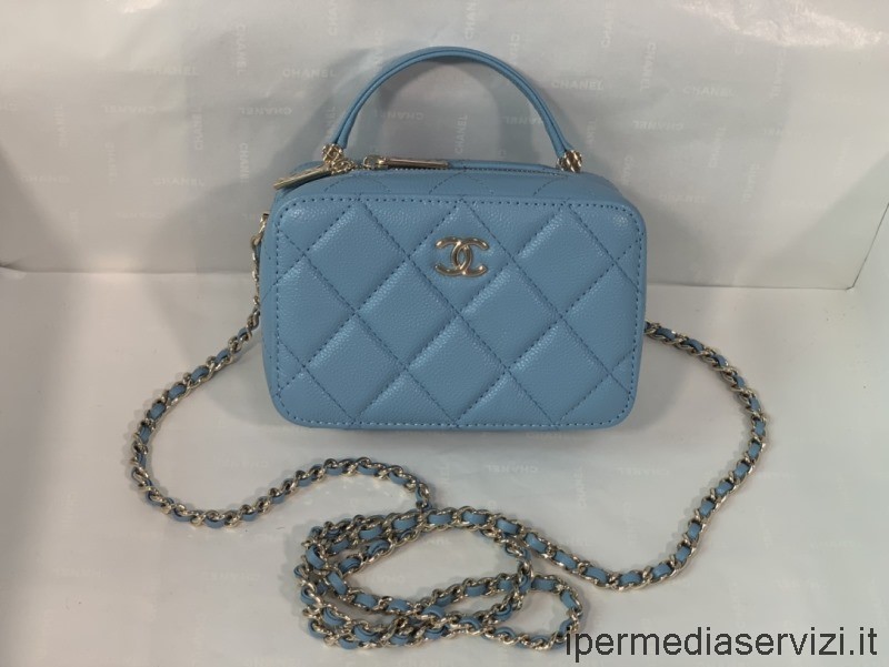 Réplica De Neceser Chanel Con Asa Superior En Piel De Becerro Caviar Azul Ap2634 14x9x5cm