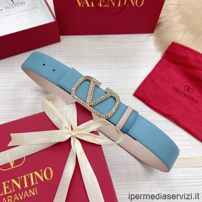 Réplica De Valentino Reversible Cristal Vlogo Firma Cinturón De Cuero Azul 40mm