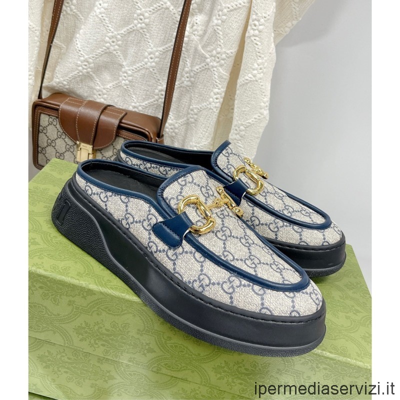 Réplica Gucci 2022 Horsebit Zapatillas Con Espalda Abierta Y Plataforma Plana En Lona Suprema Beige Y Azul 35 A 40