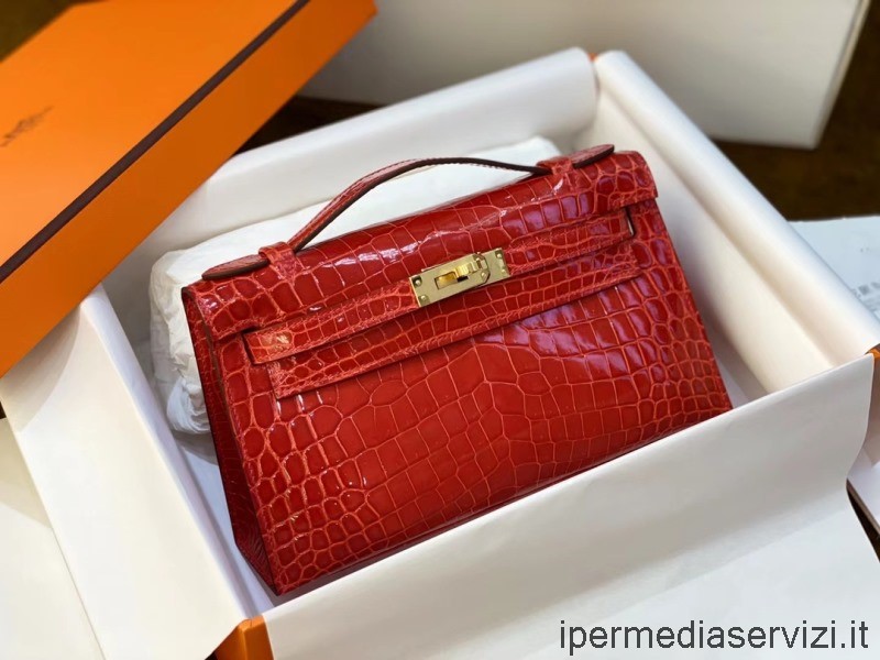 Réplica Hermes Vip Rojo Cocodrilo Mini Kelly Pochette Bolso De Embrague 22cm