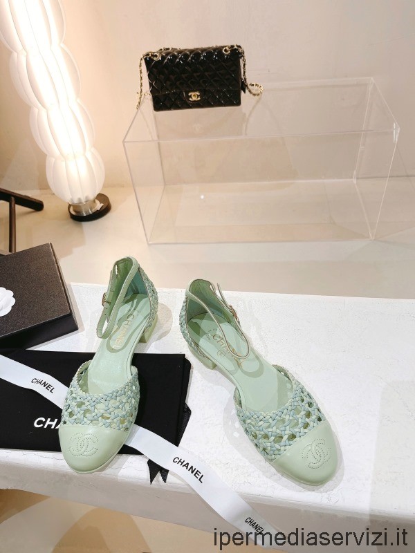 Réplica Chanel 2022 Zapatos Abiertos Dorsay Merceditas Planas Slingback En Piel De Cordero Trenzada Verde Claro 35 A 42