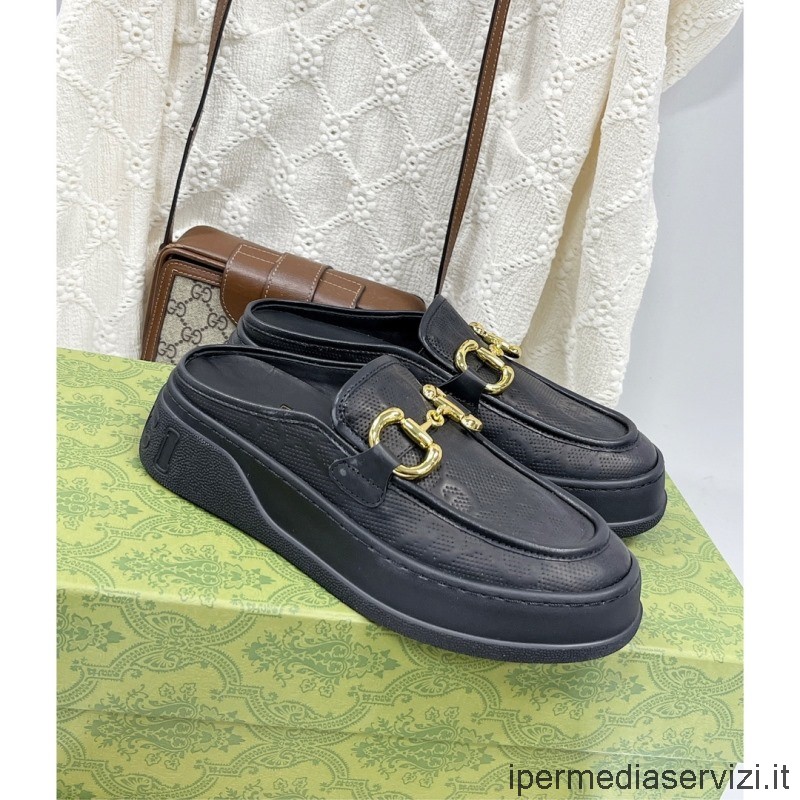 Réplica Gucci 2022 Horsebit Zapatillas Con Espalda Abierta Y Plataforma Plana En Cuero Negro Gg 35 A 40