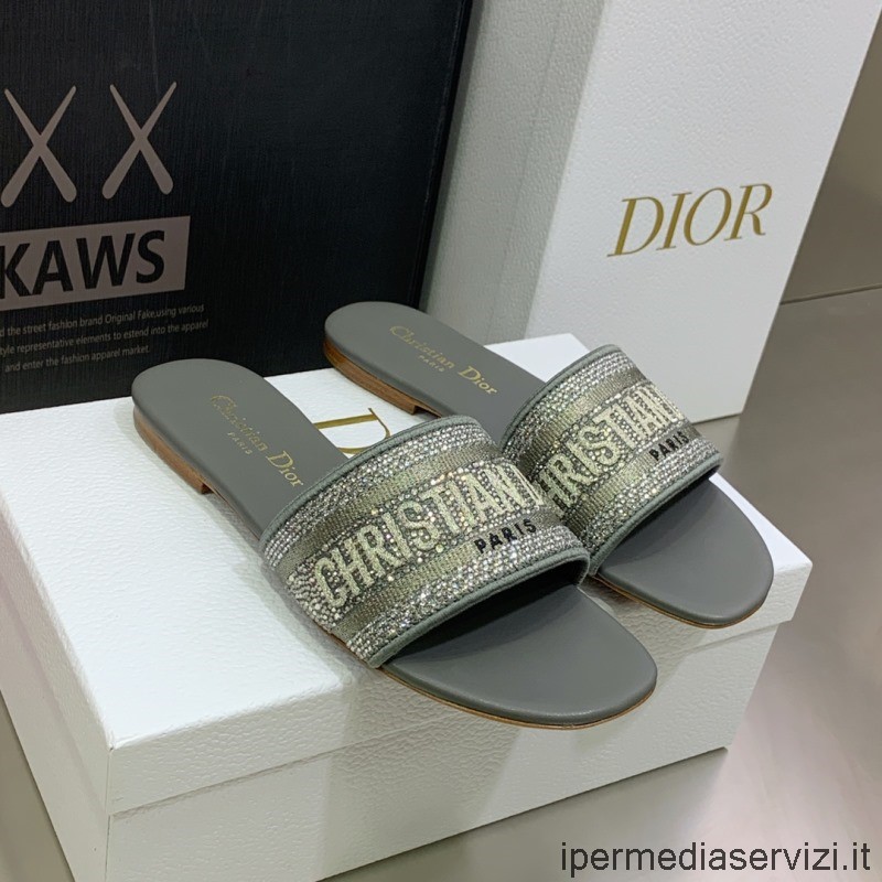 Sandalia Réplica Dior Dway Flat Slide En Algodón Gris Bordado Con Hilo Metalizado Y Strass 34 A 43