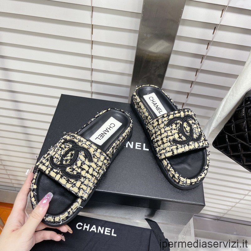 Replica Chanel 2022 Cc Logo Amarillo Tweed Slide Sandalia Plana 35 A 41