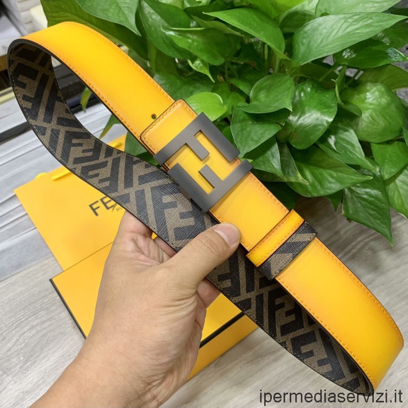 Réplica De Fendi Mens Ff Logo Placa Reversible Cuoio Romano Cinturón De Cuero En Amarillo 40mm