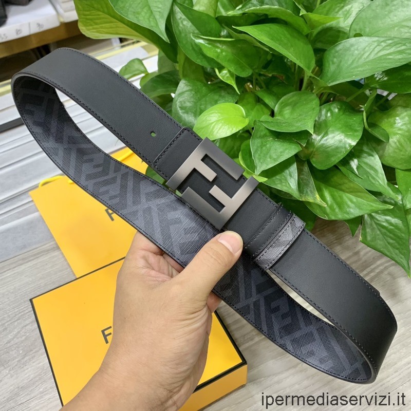 Réplica De Fendi Mens Ff Logo Placa Reversible Cuoio Romano Cinturón De Cuero En Negro 40mm