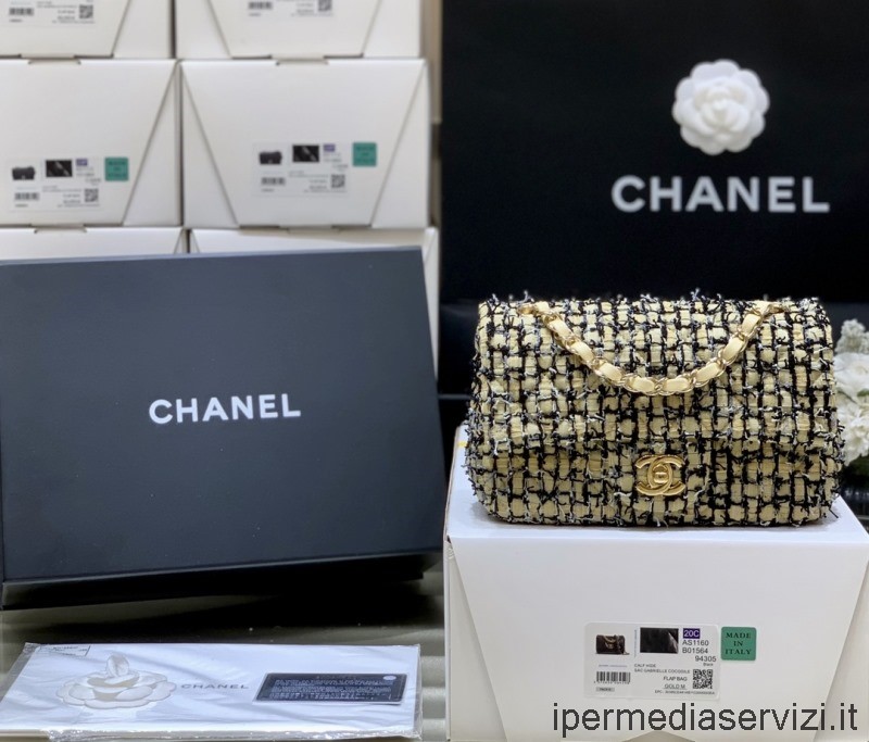 Replica Chanel Vip Mini Bolso Con Solapa En Amarillo Negro Gris Trenzado Tweed A69900 20x12x6cm