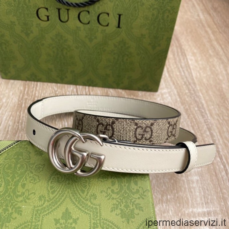 Réplica De Gucci Doble G Hebilla Gg Lona Suprema Y Cinturón De Cuero Blanco 20 Mm