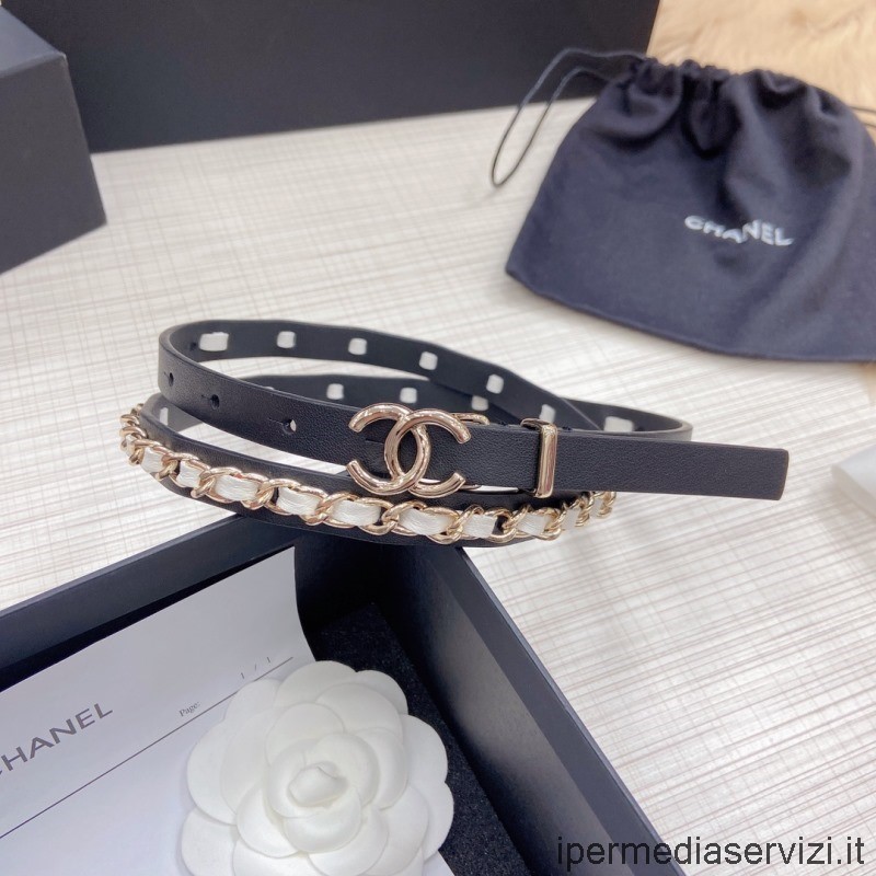 Replica Chanel 2022 Cc Cadena Y Cinturon De Cuero En Negro Blanco 15mm